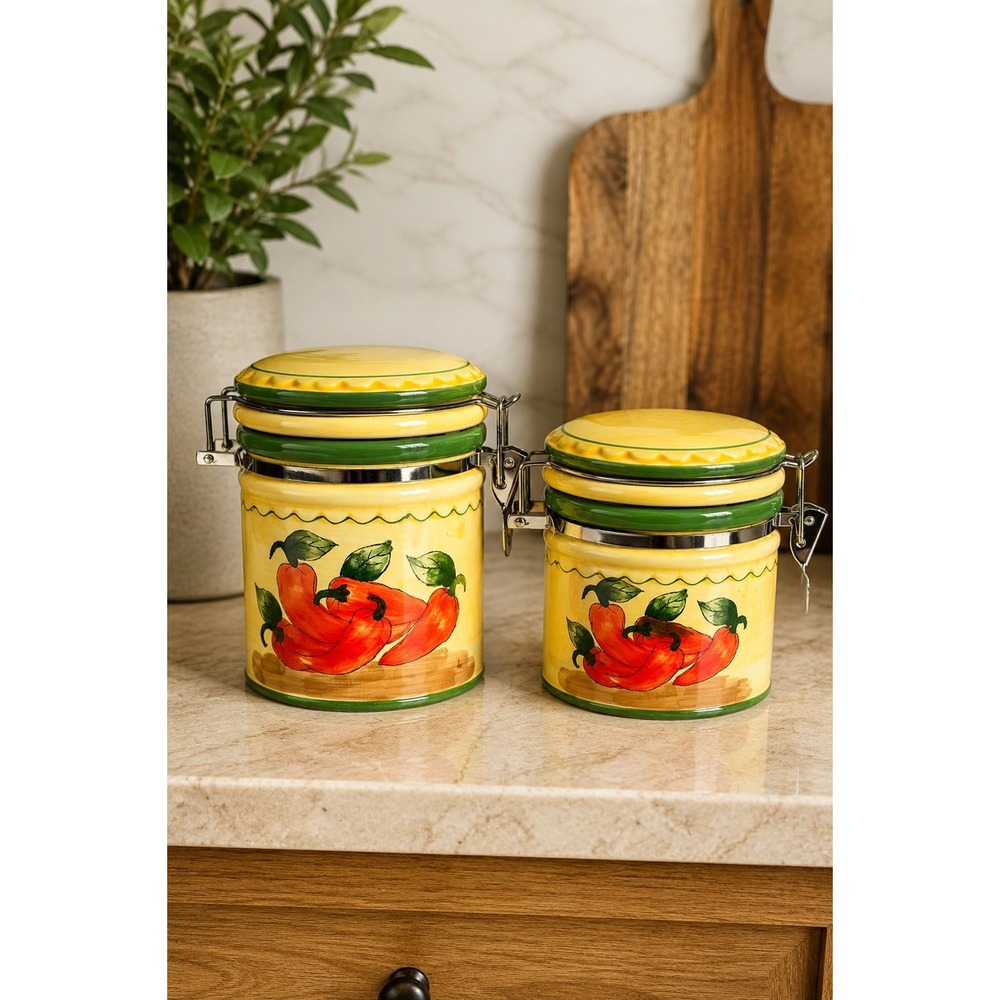 90s Y2K Grandmacore Tuscan Pepper Ceramic Canister Set Clamp Lid Kitchen Jars